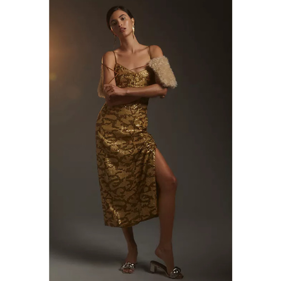 NWT Anthropologie Sequined Design Gold Midi Slip Dress, Size 20W - Picture 4 of 9